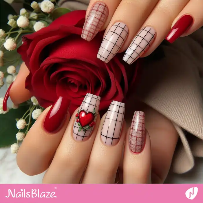 Hearts on Grid Pattern Nails | Valentine Nails - NB2932
